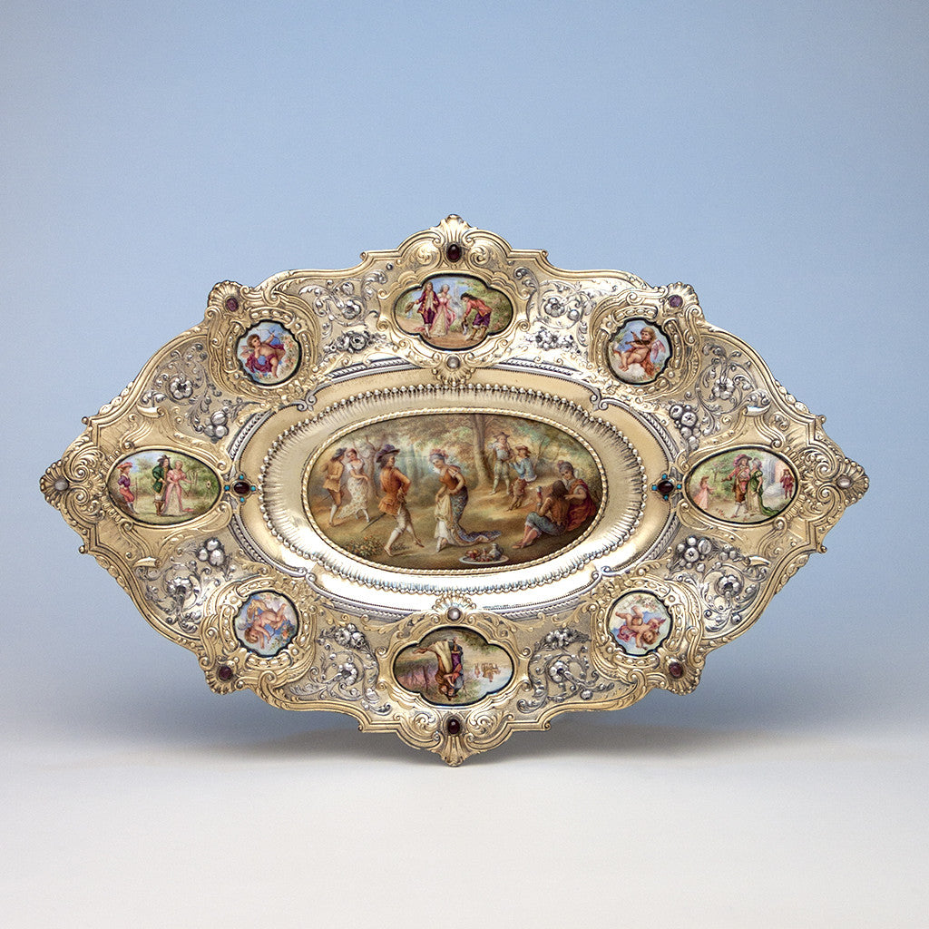 Gorham - The Dancers: Parcel-Gilt, Enameled and Semiprecious Stone Set Antique Sterling Silver Tray, design attributed to William C. Codman, executed for the 1893 World&#39;s Columbian Exposition in Chicago, Providence and New York City, c. 1893