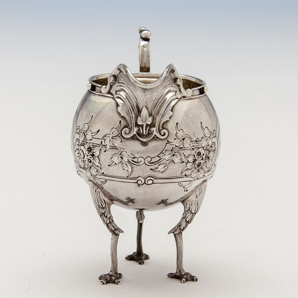 Front view of creamer to Gorham &#39;Chicken-leg&#39; or &#39;Mary Todd Lincoln&#39; Antique Coin Silver Tête-à-Tête Tea Set, Providence, RI, 1862