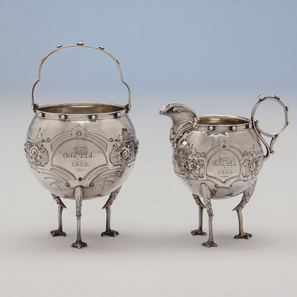 Creamer and sugar to Gorham &#39;Chicken-leg&#39; or &#39;Mary Todd Lincoln&#39; Antique Coin Silver Tête-à-Tête Tea Set, Providence, RI, 1862