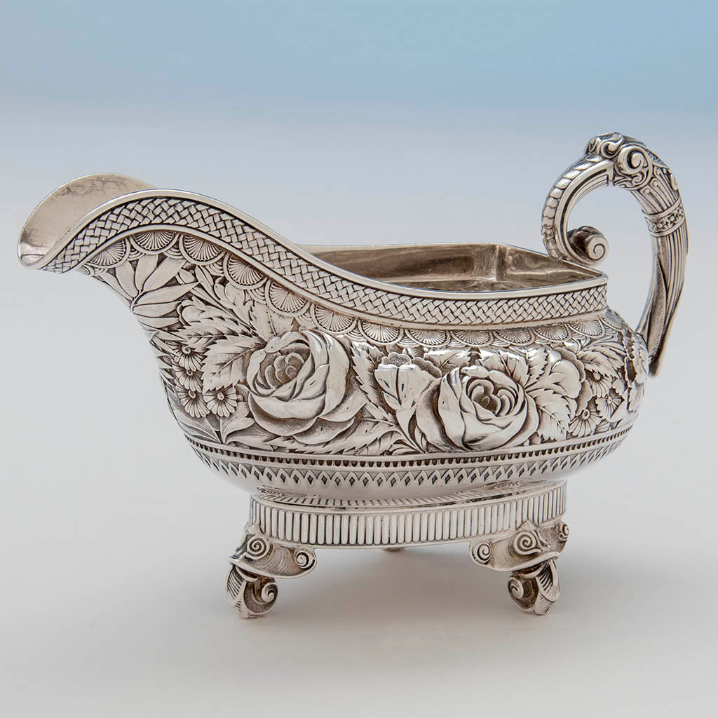 Repousse on Gorham Antique Sterling Silver Aesthetic Movement Sauce Boat, Providence, RI, 1886