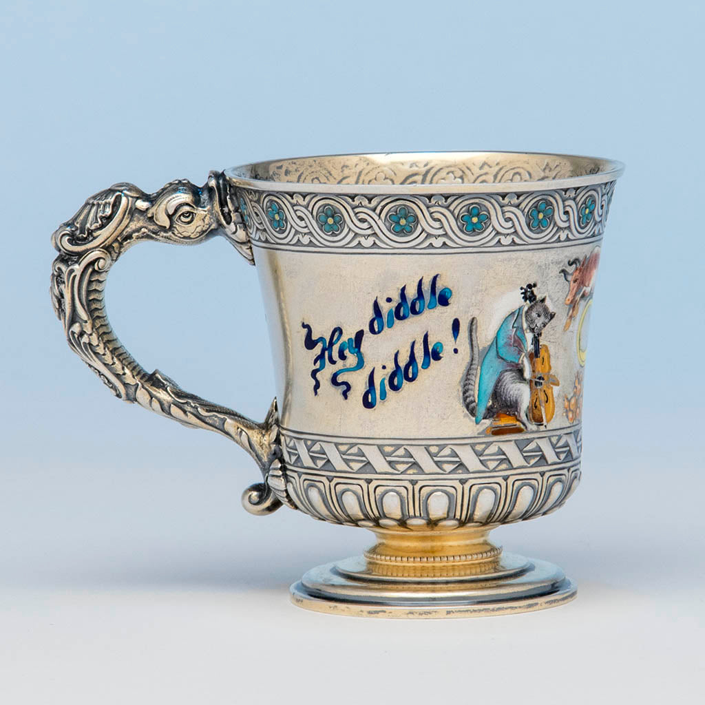 Gorham Antique Sterling Silver and Enamel Nursery Rhyme Child's Cup, Providence, RI, 1894