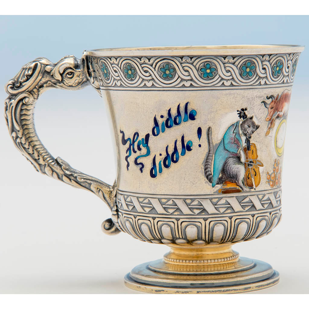 Closeup of Gorham Antique Sterling Silver and Enamel Nursery Rhyme Child&#39;s Cup, Providence, RI, 1894