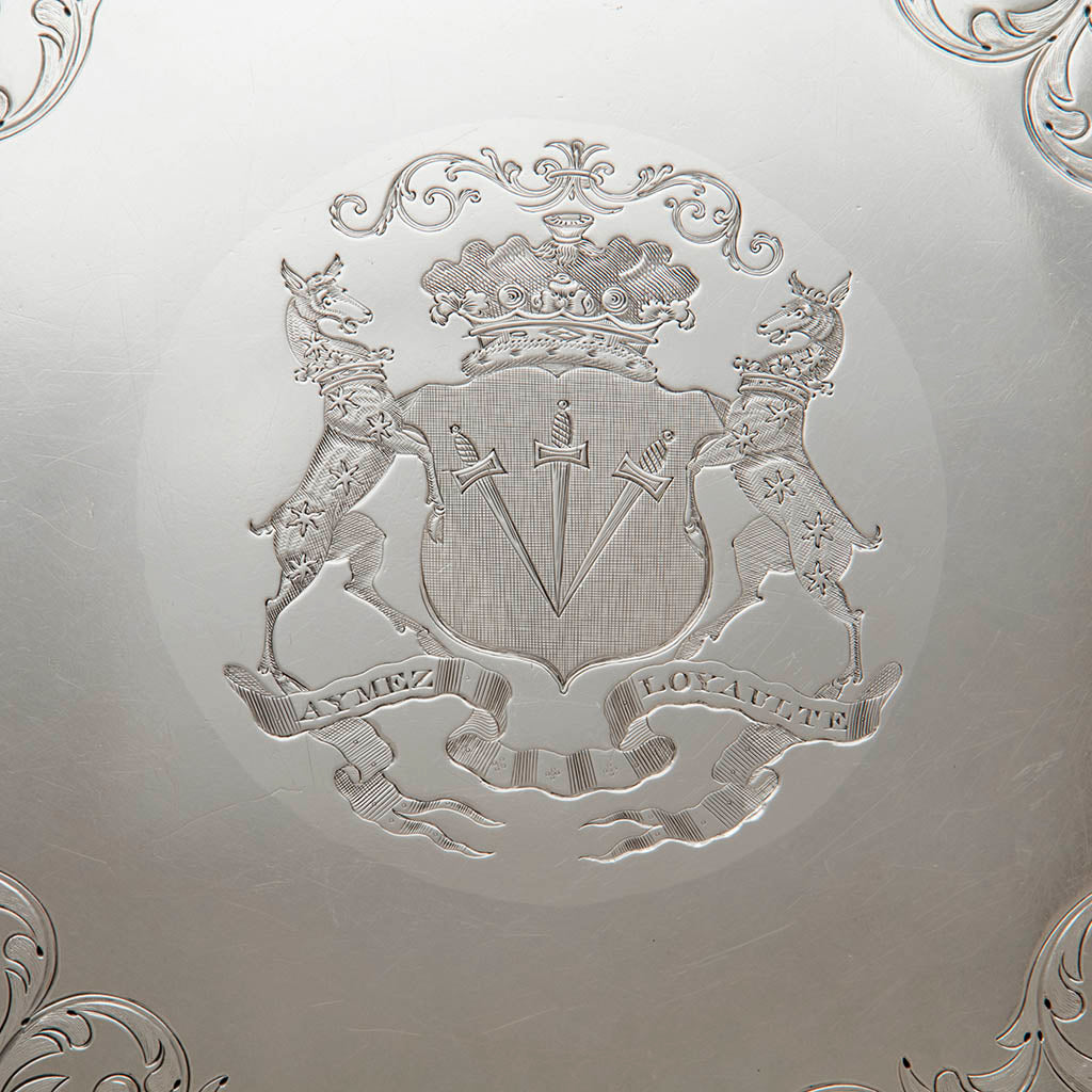 Arms on Antique Sheffield Plate Massive Round Waiter belonging to the Duke of Bolton, Sheffield, c. 1830