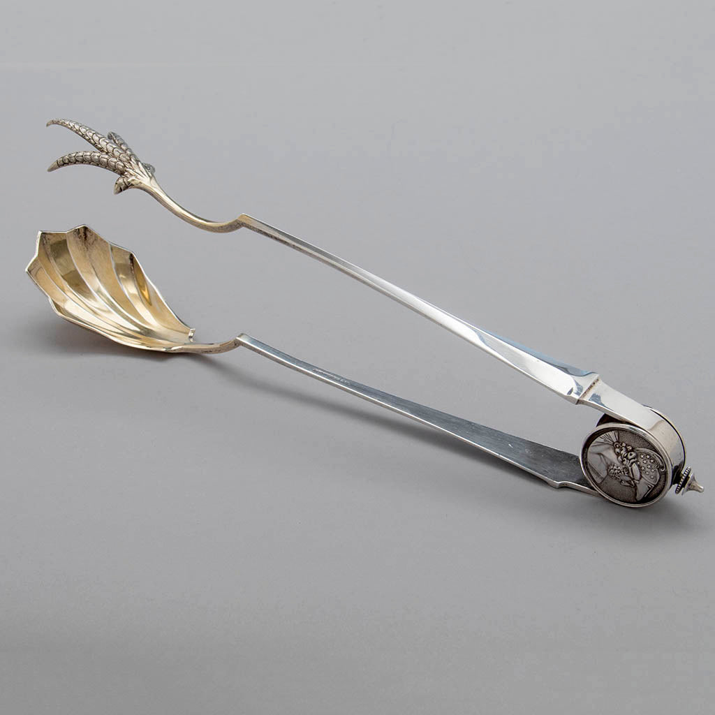 Gorham 'Medallion' Pattern Antique Sterling Silver Ice Tongs, Providence, RI, c. 1870's