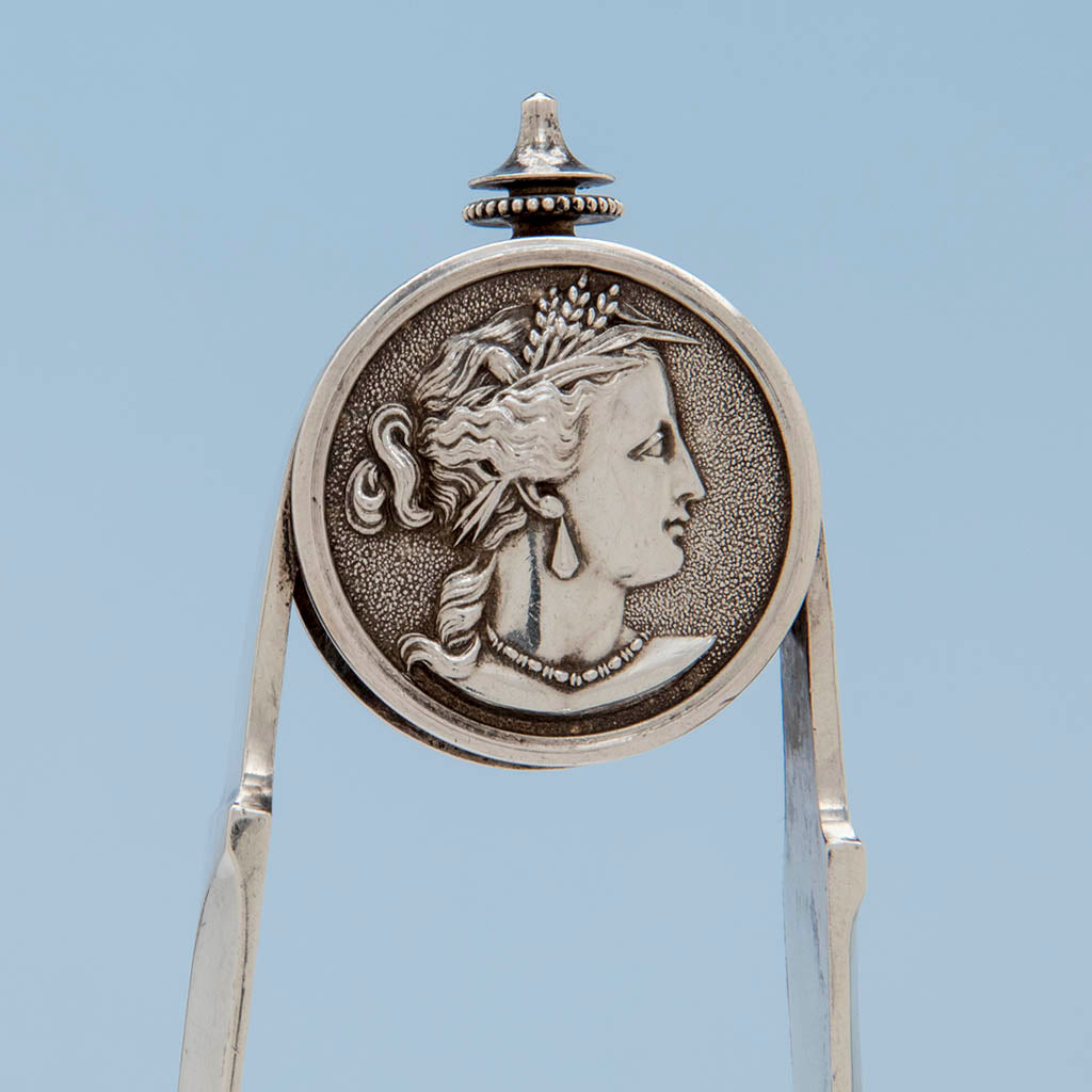 Female medallion on Gorham &#39;Medallion&#39; Pattern Antique Sterling Silver Ice Tongs, Providence, RI, c. 1870&#39;s