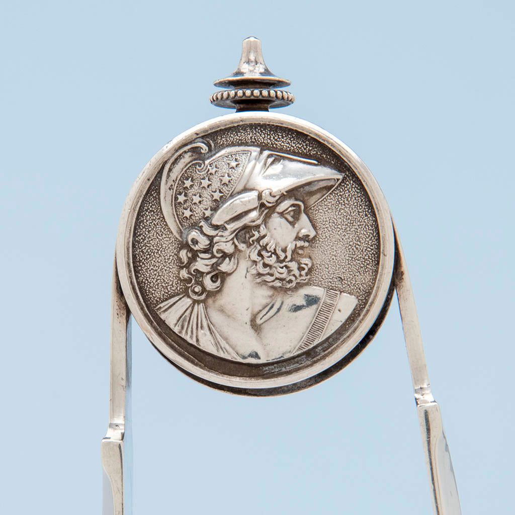 Male medallion on Gorham &#39;Medallion&#39; Pattern Antique Sterling Silver Ice Tongs, Providence, RI, c. 1870&#39;s