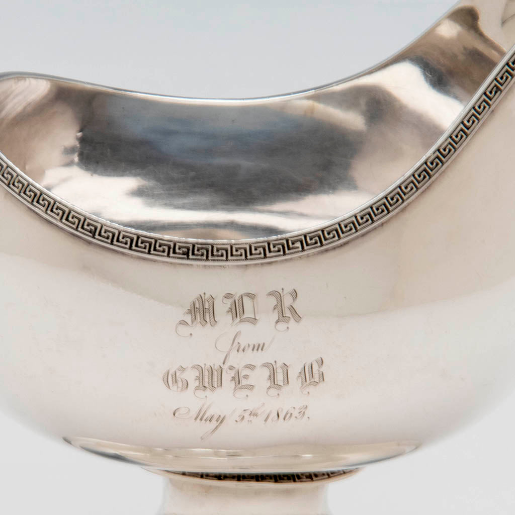 Monograms on Francis W. Cooper Antique Coin Silver Gravy Boat, New York City, 1863