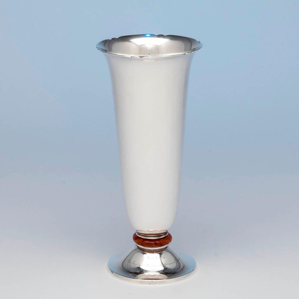 Charter Company Sterling and Agate Art Deco Presentation Vase, Hartford, CT, c. late 1920's
