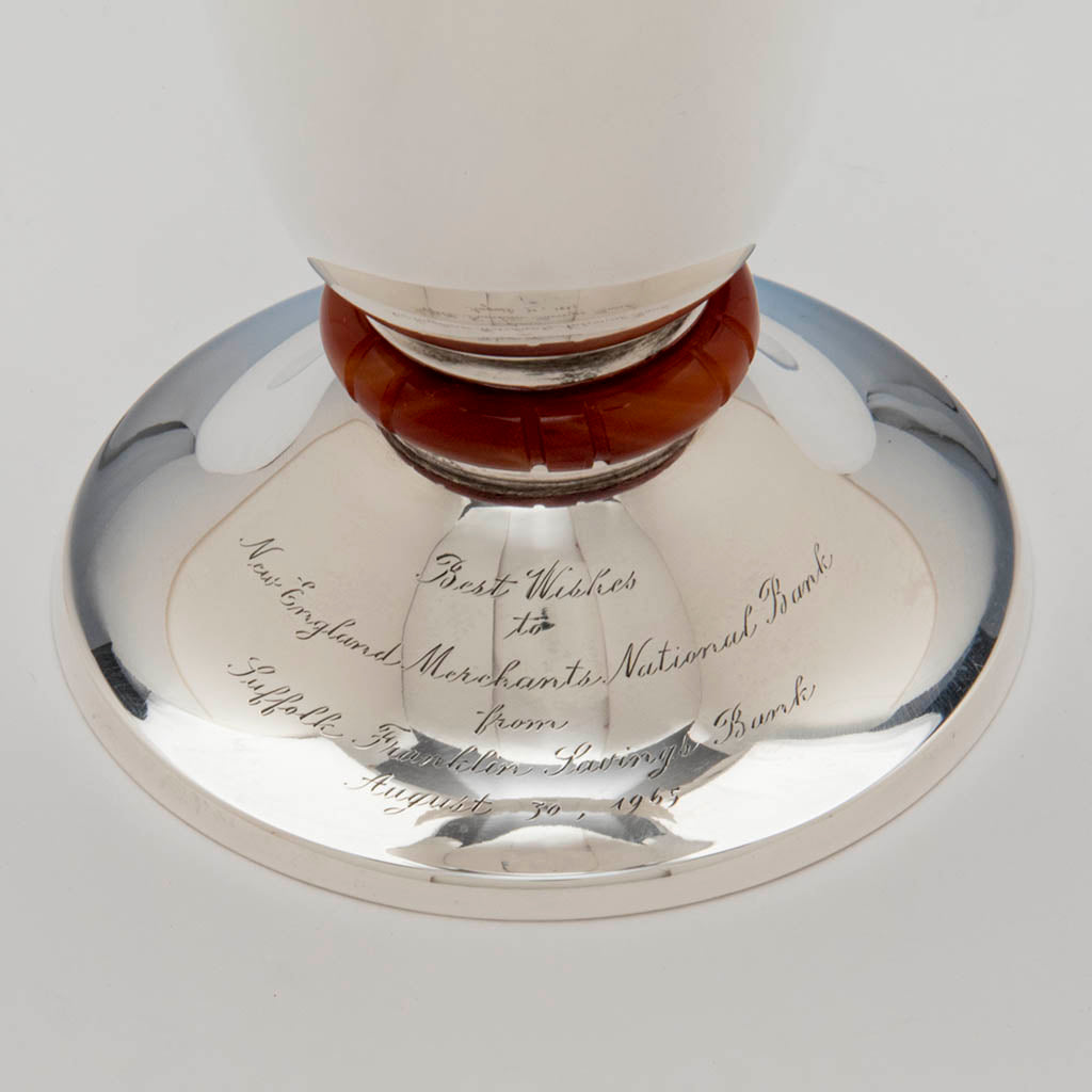 Inscription on Charter Company Sterling and Agate Art Deco Presentation Vase, Hartford, CT, c. late 1920&#39;s