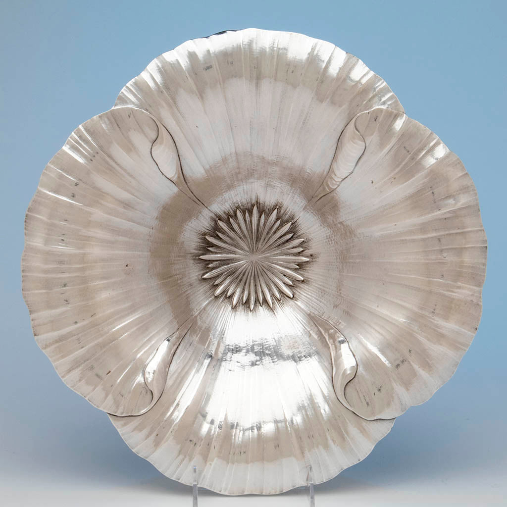 Bowl interior of Clemens Friedell Arts &amp; Crafts Sterling Silver Poppy Centerpiece Bowl, Pasadena, CA, c. 1920