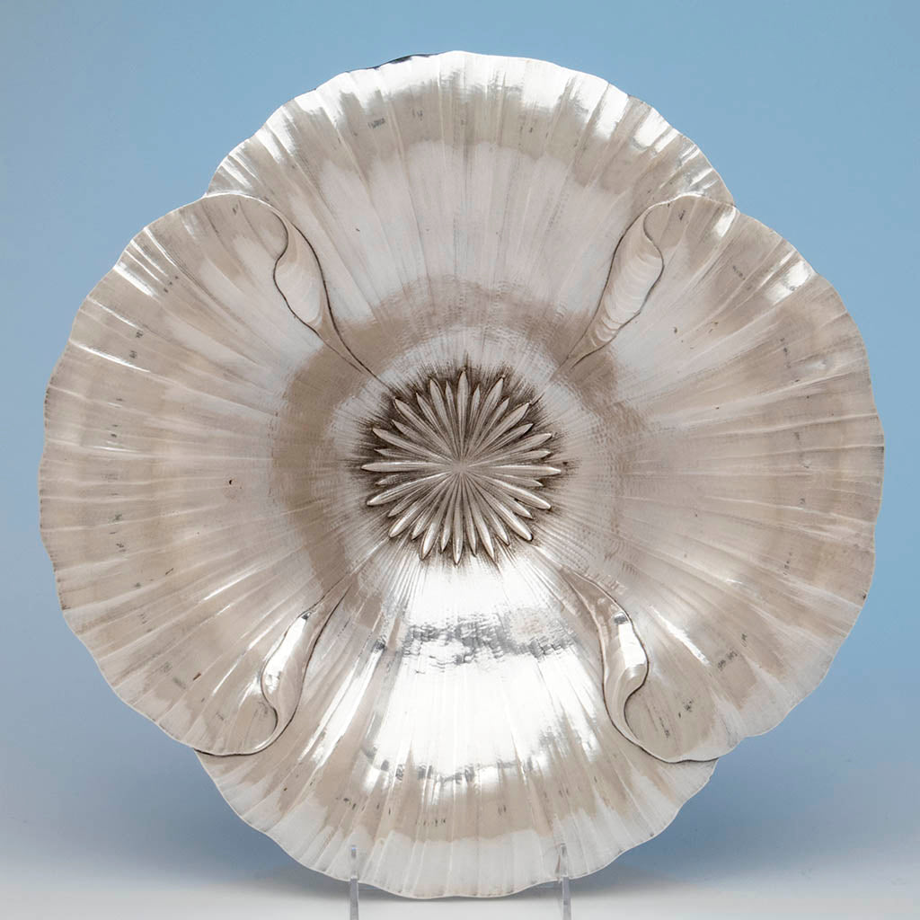 Bowl interior of Clemens Friedell Arts & Crafts Sterling Silver Poppy Centerpiece Bowl, Pasadena, CA, c. 1920