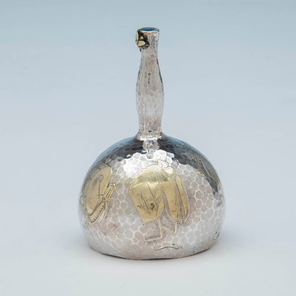 Accordian player on Tiffany and Co Aesthetic Movement Sterling &#39;Cricket Band&#39; Table Bell, NYC, c. 1880