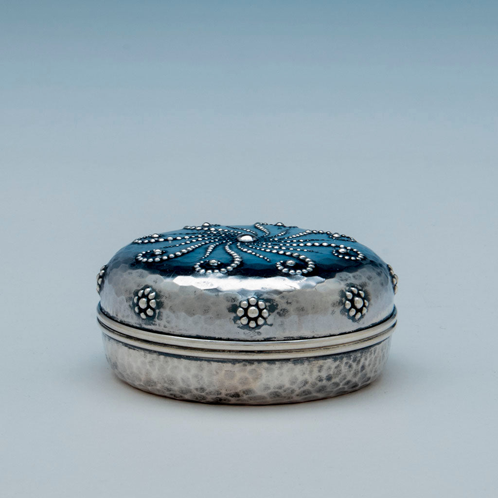 Side view of Whiting Antique Sterling Silver Nautical Design Round Box, New York, c. 1883