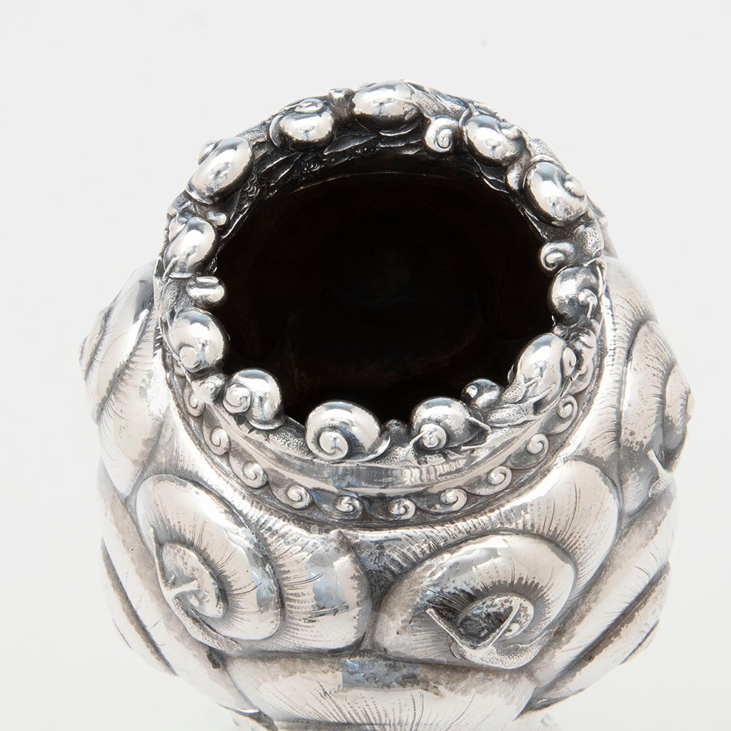Inside rim of Tiffany &amp; Co - The &quot;Snail Vase&quot;, 1893 Columbian Exhibition Sterling Silver Vase, designed by John T. Curran, c. 1893