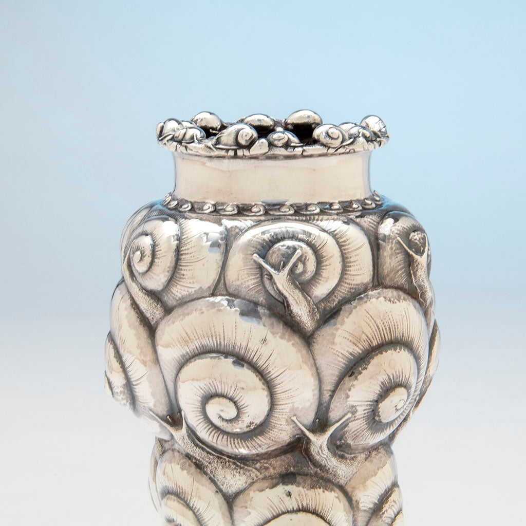 Top destail of Tiffany &amp; Co - The &quot;Snail Vase&quot;, 1893 Columbian Exhibition Sterling Silver Vase, designed by John T. Curran, c. 1893