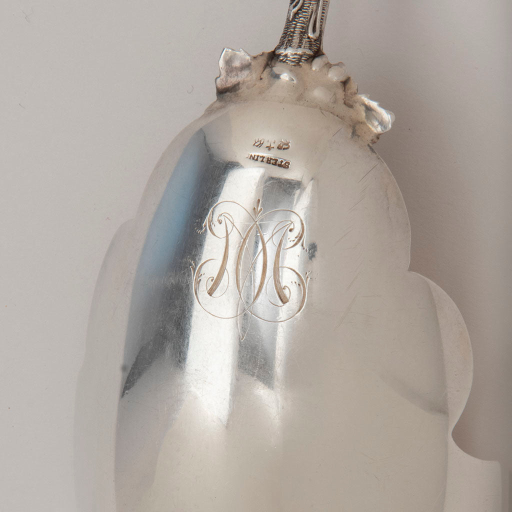 Marks &amp; monogram on Gorham &quot;Bird&#39;s Nest&quot; Antique Sterling Silver Berry Spoon, Providence, RI, c. 1870