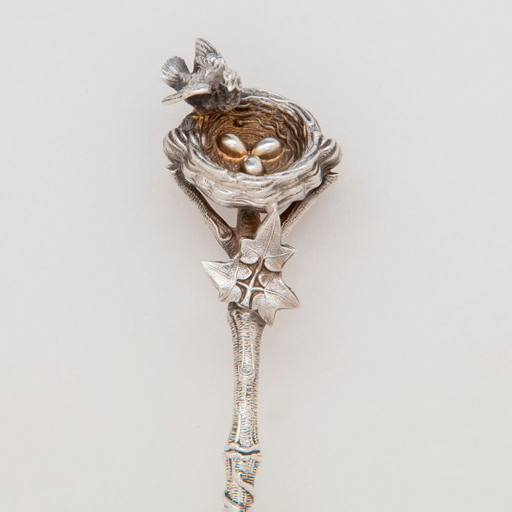 Nest detail of Gorham &quot;Bird&#39;s Nest&quot; Antique Sterling Silver Berry Spoon, Providence, RI, c. 1870