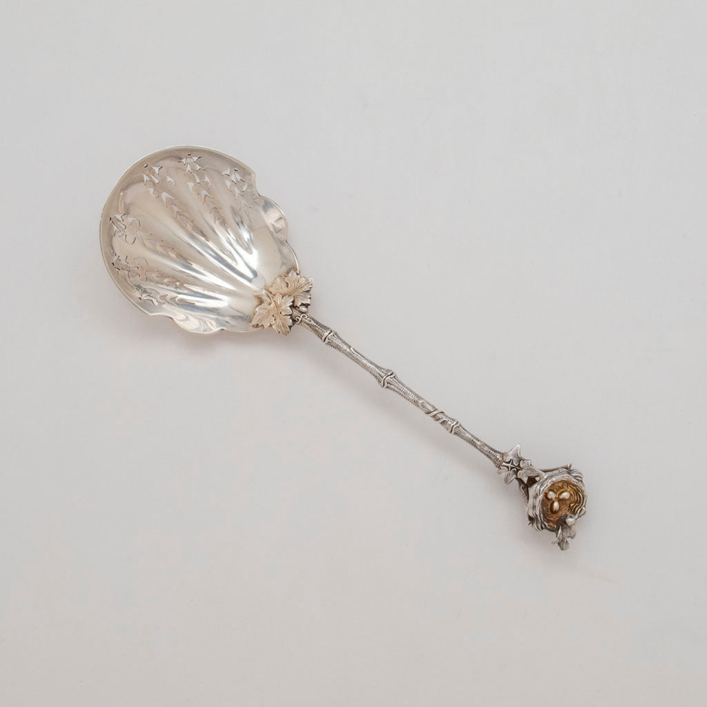 Gorham &quot;Bird&#39;s Nest&quot; Antique Sterling Silver Large Sifter, Providence, RI, c. 1870