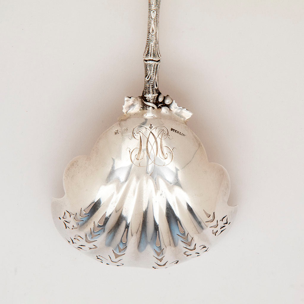 Marks and monogram on Gorham &quot;Bird&#39;s Nest&quot; Antique Sterling Silver Large Sifter, Providence, RI, c. 1870