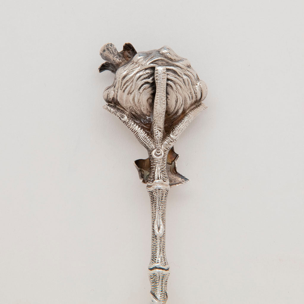 Reverse detail of Gorham &quot;Bird&#39;s Nest&quot; Antique Sterling Silver Large Sifter, Providence, RI, c. 1870