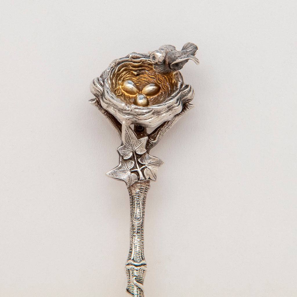 Nest detail of Gorham &quot;Bird&#39;s Nest&quot; Antique Sterling Silver Large Sifter, Providence, RI, c. 1870