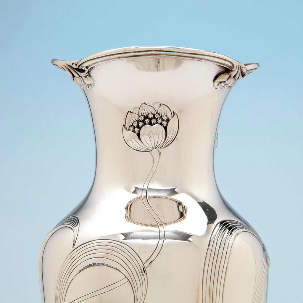 Flower detail on Gorham Antique Sterling Silver Art Nouveau Vase, Providence, RI, 1905