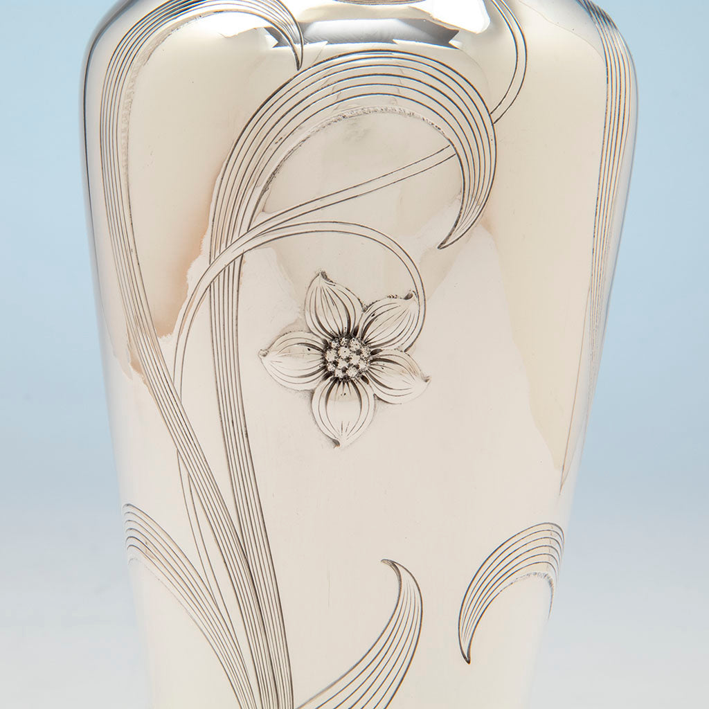 Chasing detail on Gorham Antique Sterling Silver Art Nouveau Vase, Providence, RI, 1905