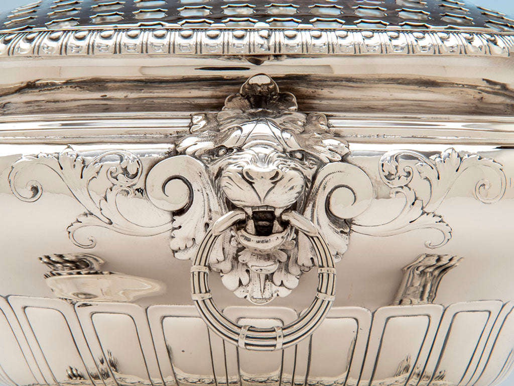 Lion handle detail on Gorham Antique Sterling Silver Special Order Centerpiece, Providence, RI, 1918