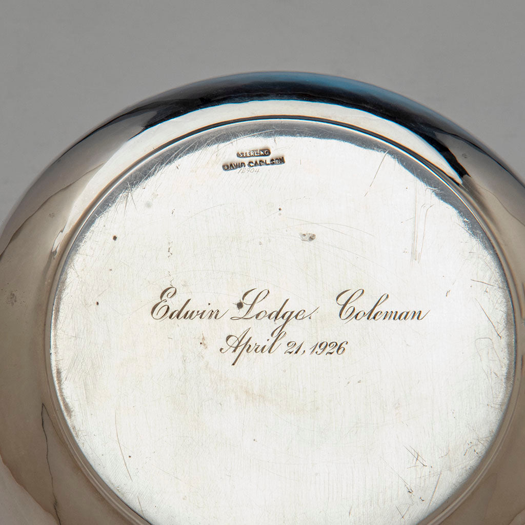 Inscription on David Carlson Arts and Crafts Sterling Silver Porringer, Gardner, MA 1926