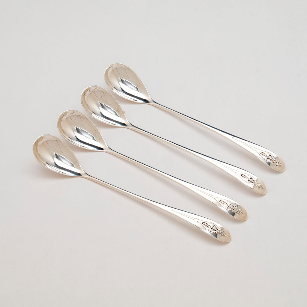 Arthur Stone 4 Sterling Silver Decorated Iced Tea Spoons, Gardner, MA, 1912-37