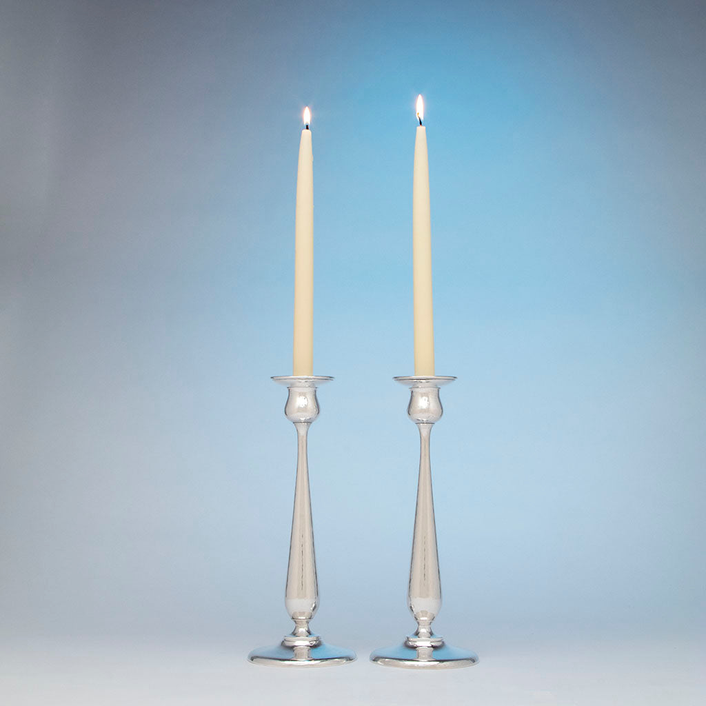Kalo Shop Pair of Hand Wrought Sterling Silver Arts &amp; Crafts 12&quot; Tall Candlesticks, Chicago, Illinois - c. 1920&#39;s