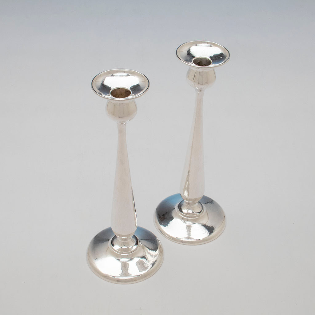 Top view of Kalo Shop Pair of Hand Wrought Sterling Silver Arts &amp; Crafts 12&quot; Tall Candlesticks, Chicago, Illinois - c. 1920&#39;s
