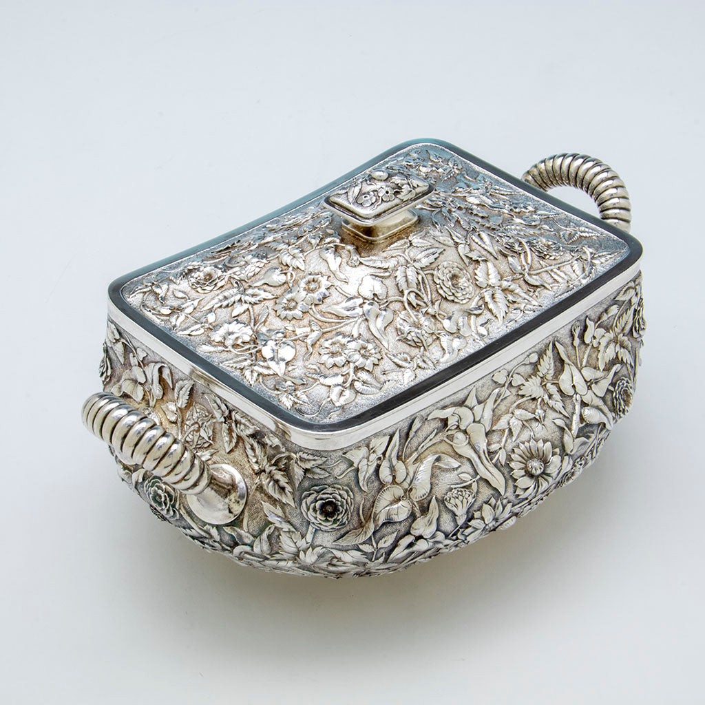 Angle view of Dominick &amp; Haff Antique Sterling Silver Repoussé Soup Tureen, New York City, 1880