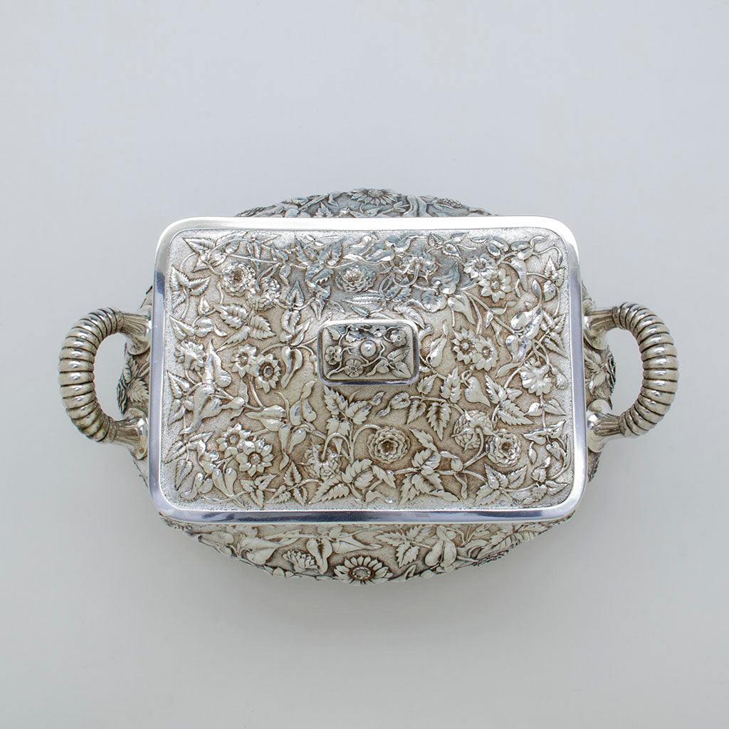 Top view of Dominick &amp; Haff Antique Sterling Silver Repoussé Soup Tureen, New York City, 1880