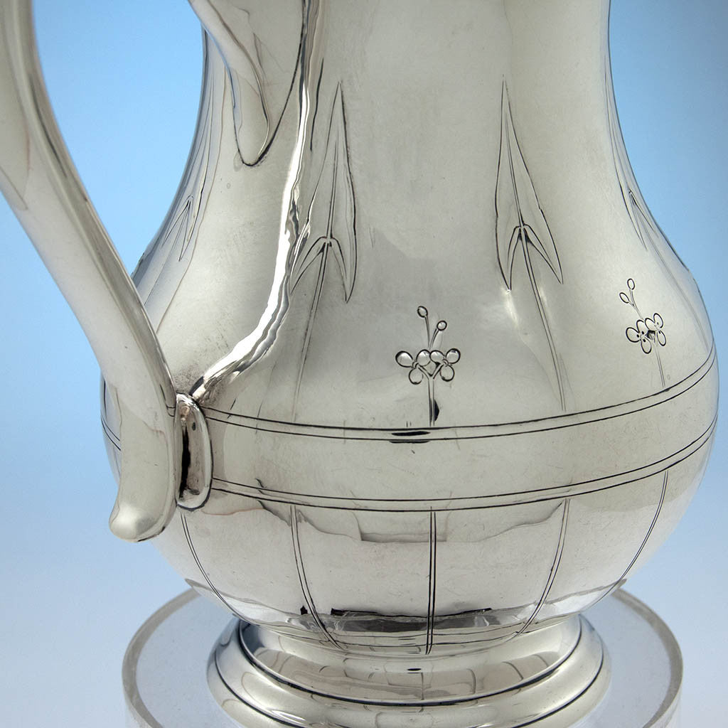 Flower on Arthur Stone Arts &amp; Crafts &#39;Arrowhead Leaf&#39; Sterling Silver Water Pitcher, Gardner, MA, 1913