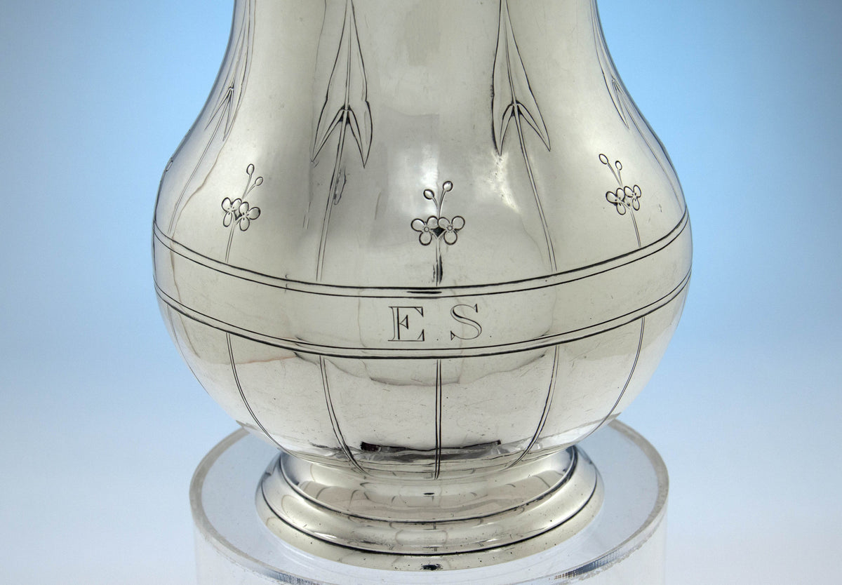 Monogram on Arthur Stone Arts &amp; Crafts &#39;Arrowhead Leaf&#39; Sterling Silver Water Pitcher, Gardner, MA, 1913