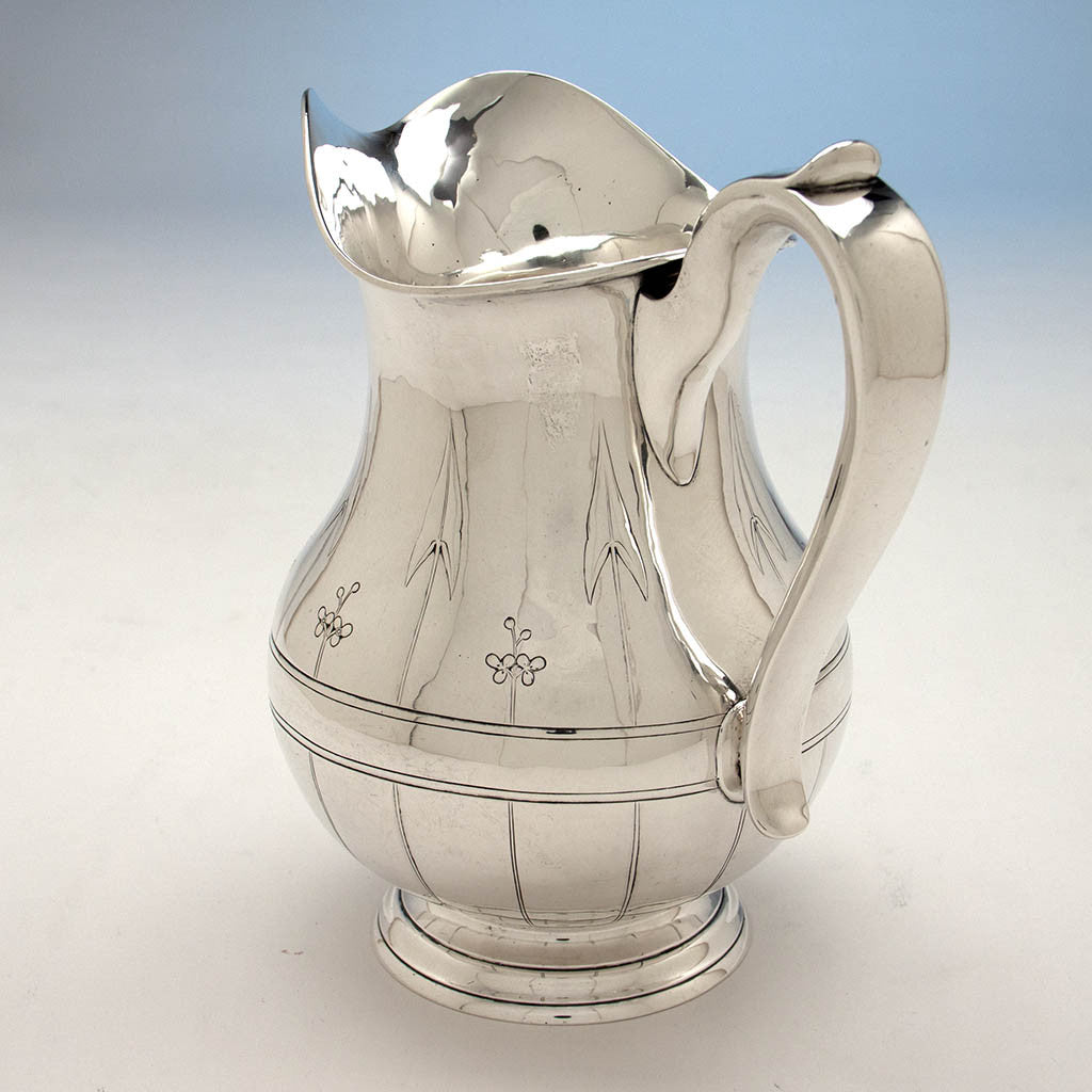Handle to Arthur Stone Arts &amp; Crafts &#39;Arrowhead Leaf&#39; Sterling Silver Water Pitcher, Gardner, MA, 1913