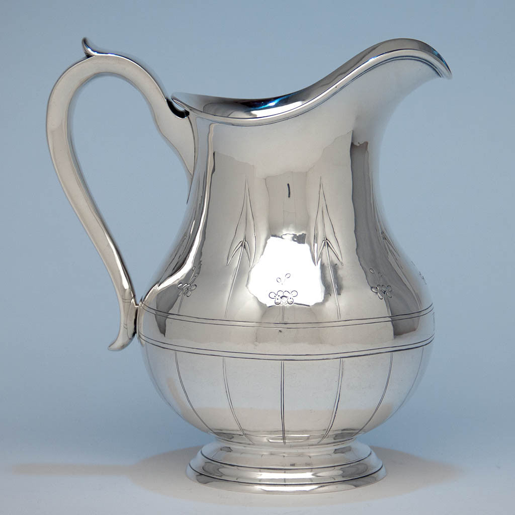 Arthur Stone Arts & Crafts 'Arrowhead Leaf' Sterling Silver Water Pitcher, Gardner, MA, 1913