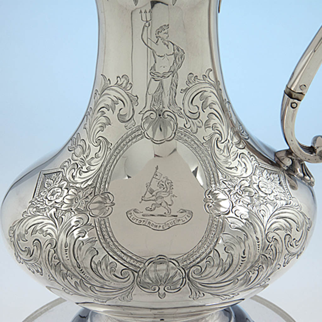 Crest and motto on Richard Sawyer Irish Antique Sterling Silver Covered Hot Beverage Jug, Dublin, 1833/34