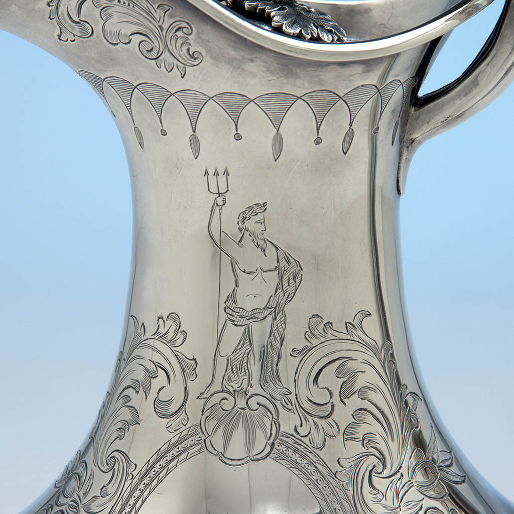 Neptune on Richard Sawyer Irish Antique Sterling Silver Covered Hot Beverage Jug, Dublin, 1833/34