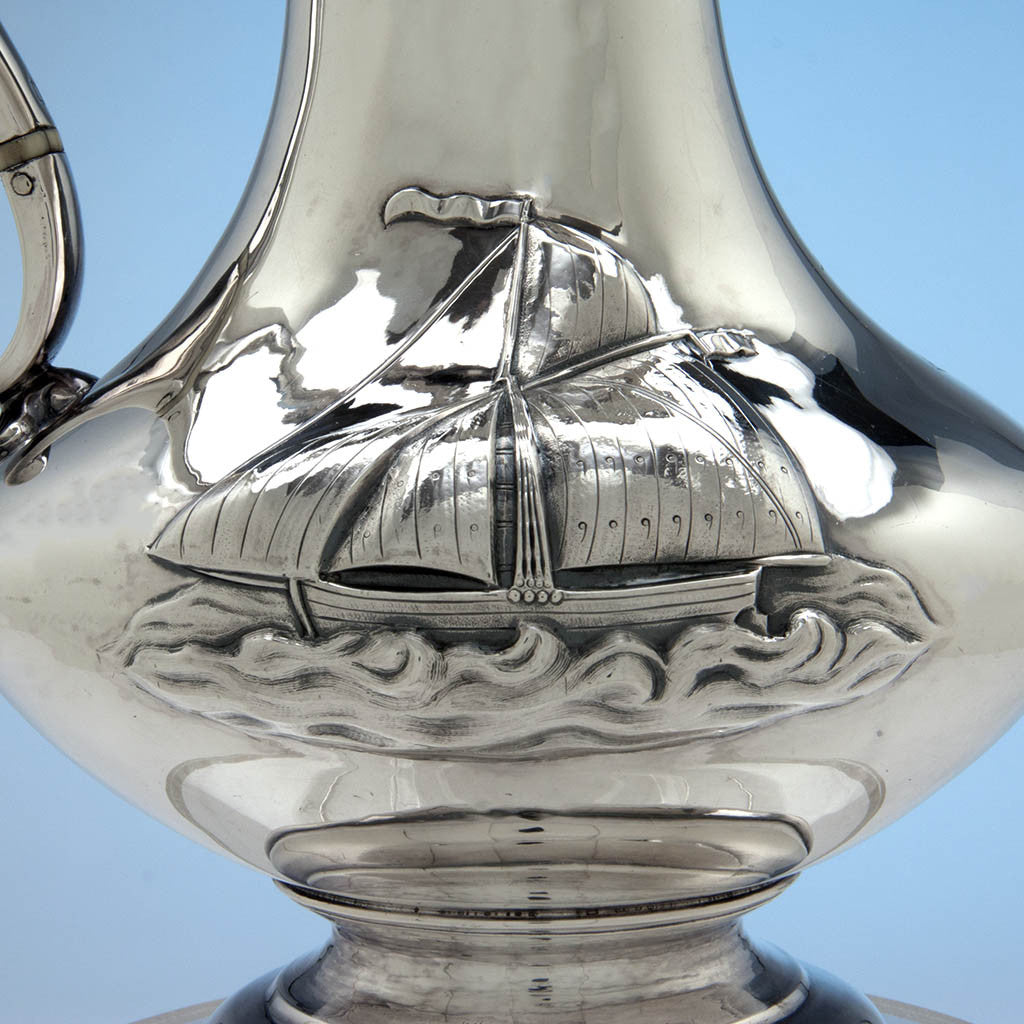 Ship detail on Richard Sawyer Irish Antique Sterling Silver Covered Hot Beverage Jug, Dublin, 1833/34