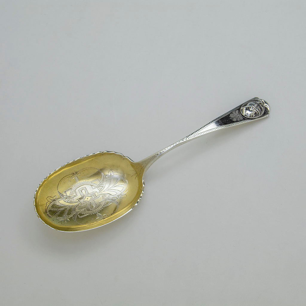 Peter Krider Antique Coin Silver Medallion Serving Spoon, Philadelphia, PA, c. 1865