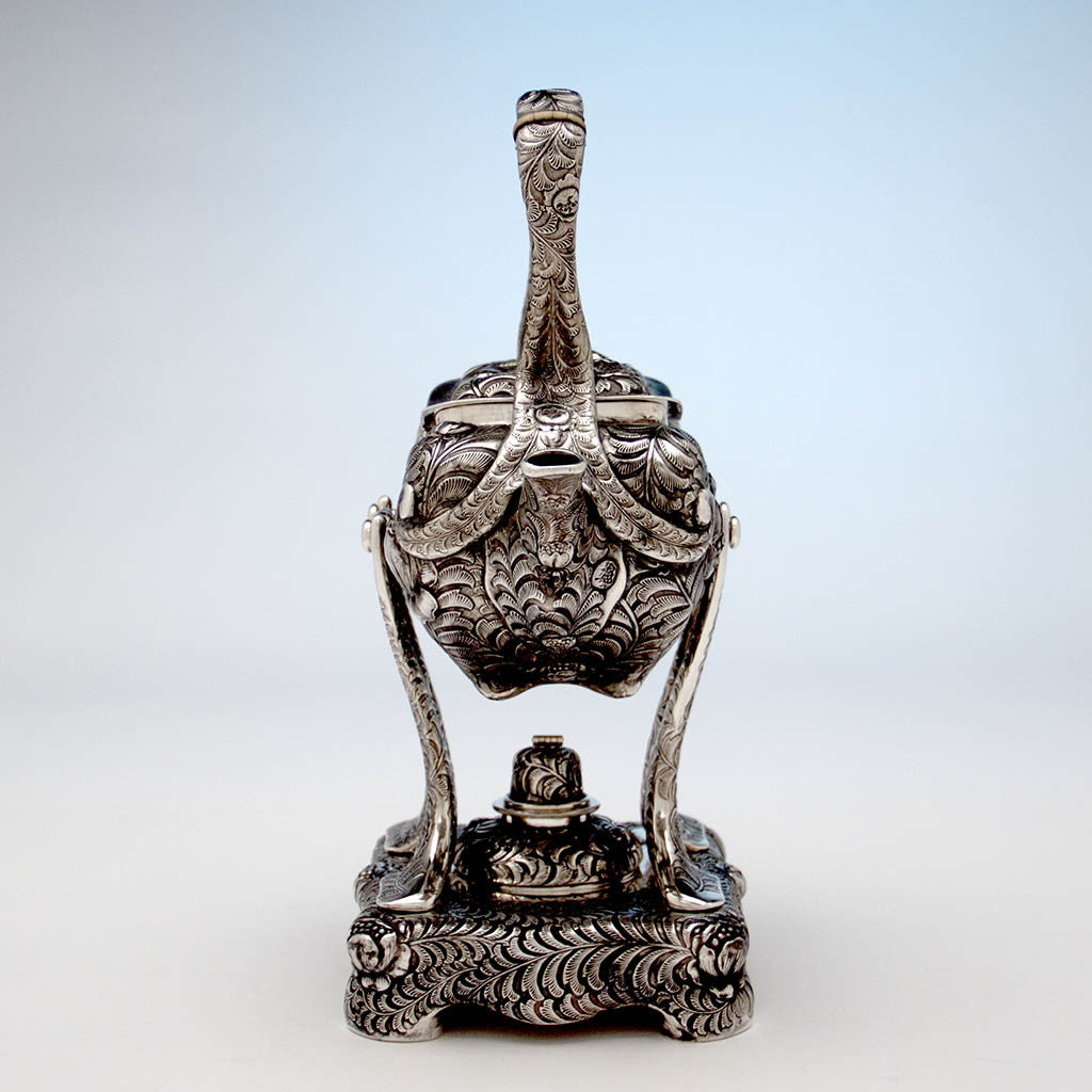 Kettle front of Tiffany &amp; Co 6-piece Aesthetic Movement Antique Sterling Silver Coffee Service in the Indo/Persian Taste, NYC, c. 1880