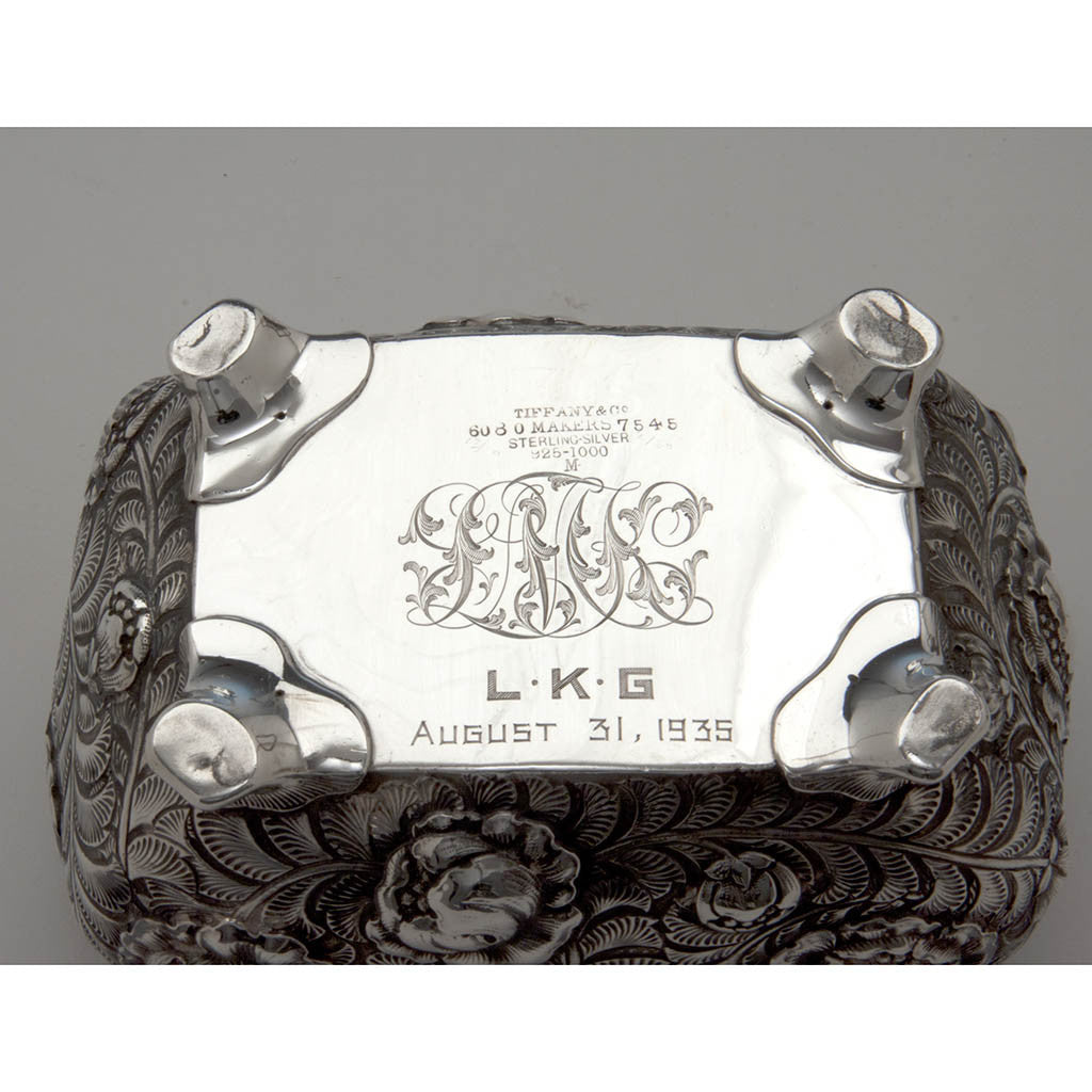 Inscription on Tiffany &amp; Co 6-piece Aesthetic Movement Antique Sterling Silver Coffee Service in the Indo/Persian Taste, NYC, c. 1880