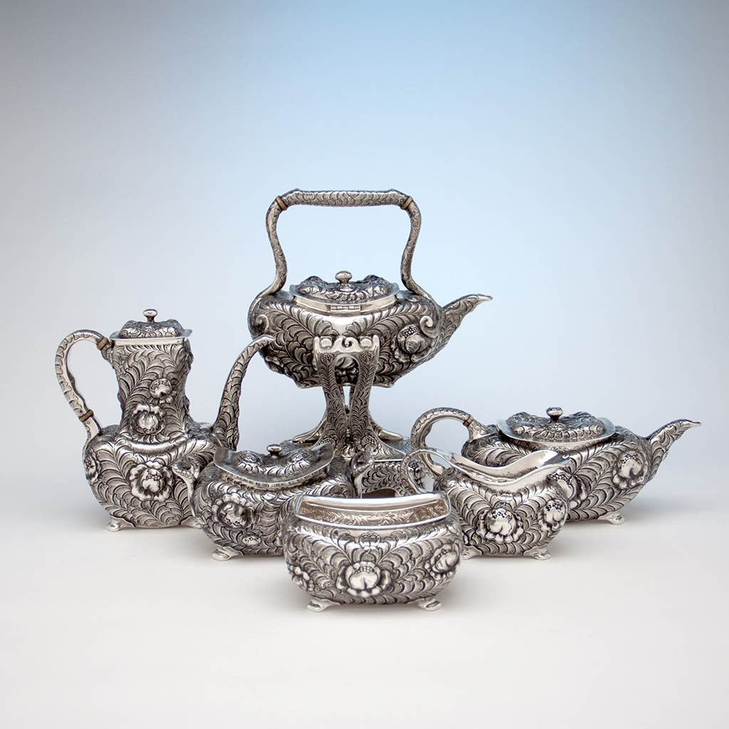 Tiffany & Co 6-piece Aesthetic Movement Antique Sterling Silver Coffee Service in the Indo/Persian Taste, NYC, c. 1880