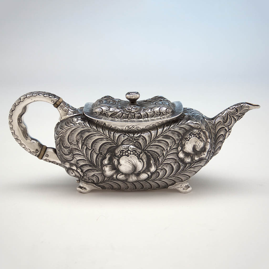 Tea pot to Tiffany &amp; Co 6-piece Aesthetic Movement Antique Sterling Silver Coffee Service in the Indo/Persian Taste, NYC, c. 1880