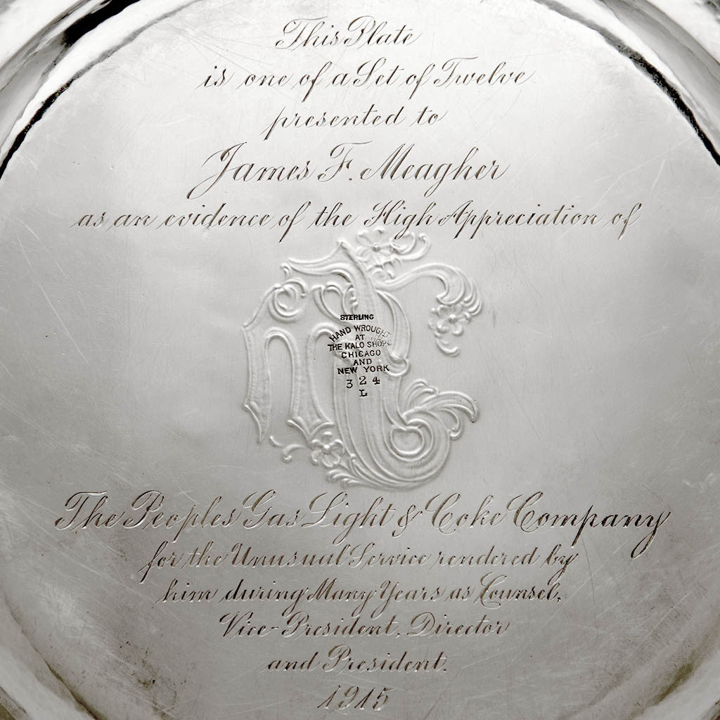 Inscription on one The Kalo Shop Arts &amp; Crafts Sterling Chased Presentation Service Plates, Chicago, IL, 1915 set of 12