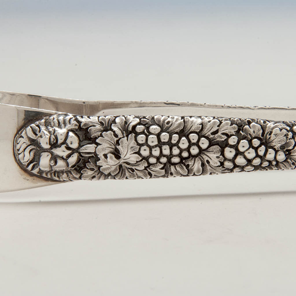 Handle detail of Frederick Marquand Antique Coin Silver Lion Sugar Tongs, NYC, c. 1830