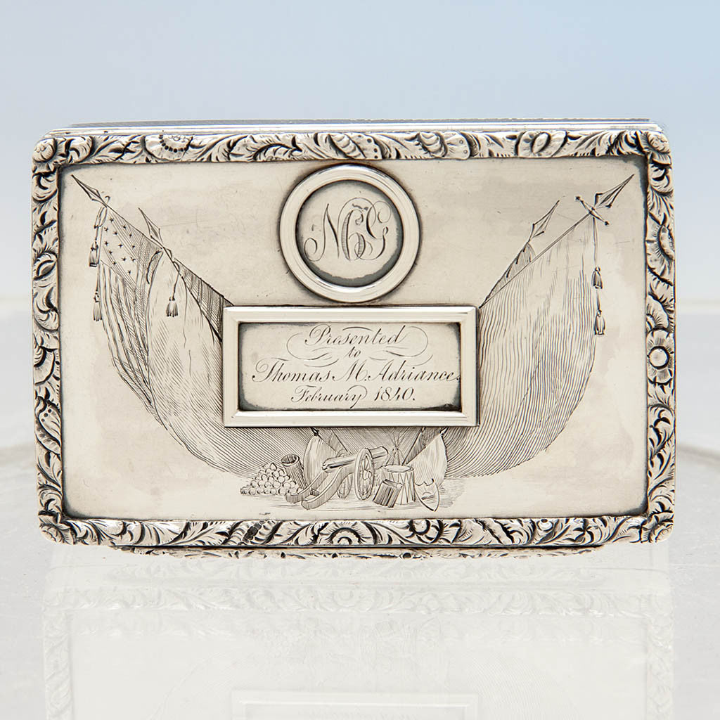 American Coin Silver Antique Presentation Tobacco or Snuff Box of 7th Regiment National Guard Interest, prob. NYC, c. 1840  