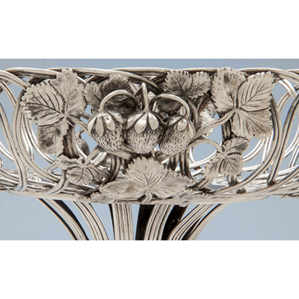 Basket detail of Eoff &amp; Shepard for Ball, Black &amp; Co. Antique Coin Silver Wirework Centerpiece Fruit Bowl, New York City, 1852-60